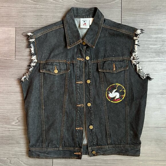 Vintage 90s Mickey & Co. Black Denim Vest Mickey Mouse Biker Rock Disney Size S - Picture 2 of 6